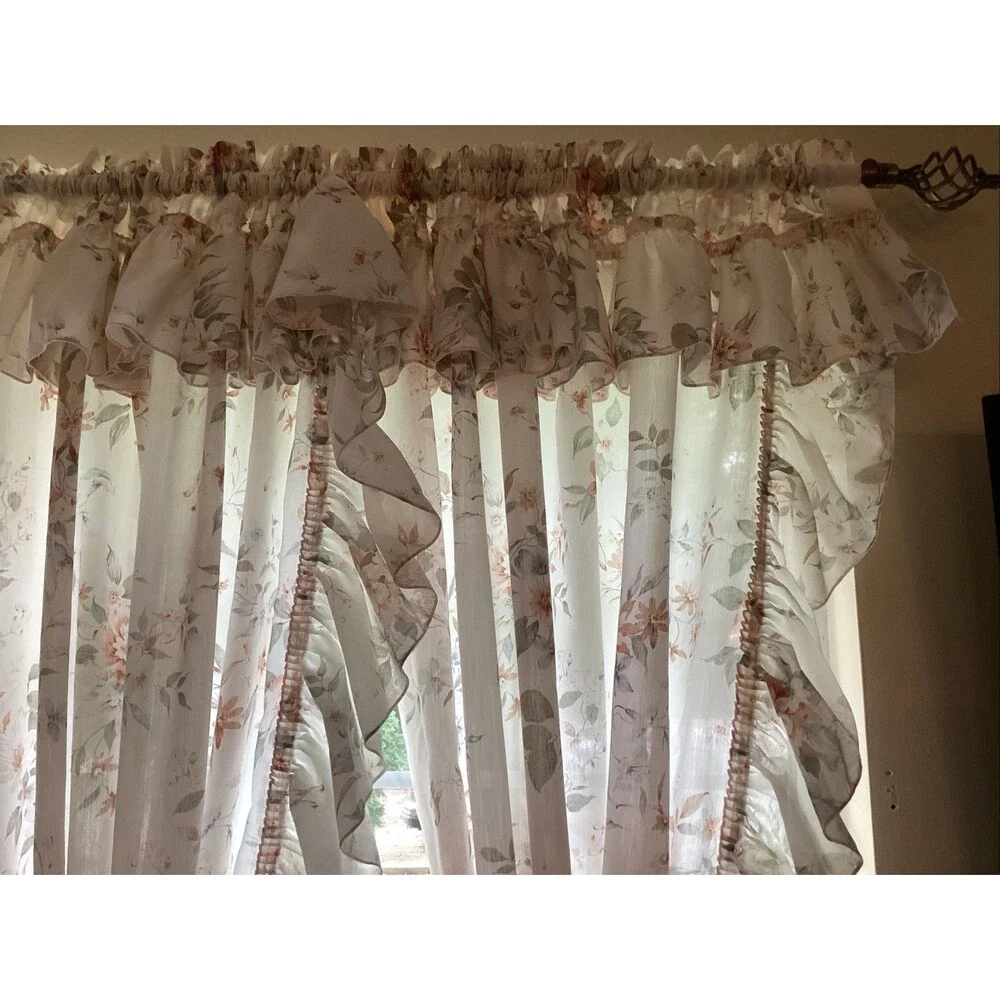 vintage jc penney curtains set of 4 floral ruffles 82L”x48W” 4 tie backs cottage